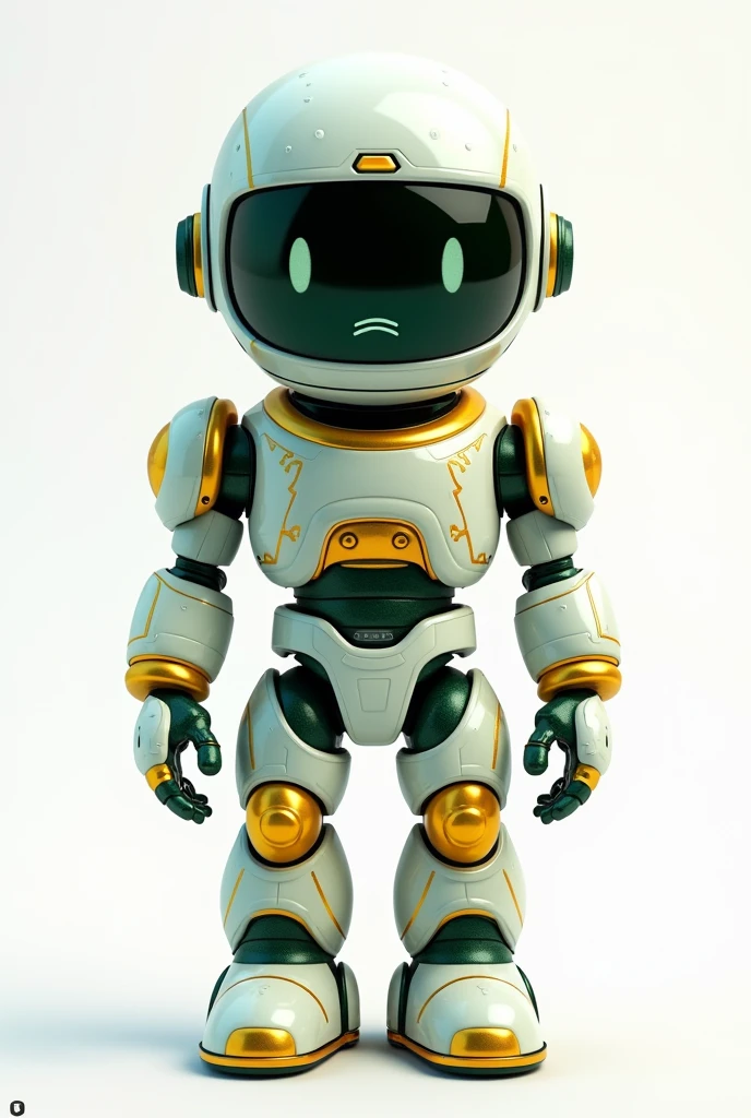 Animated front-facing astronaut robot with a frowning face in white, green and gold colors. White background