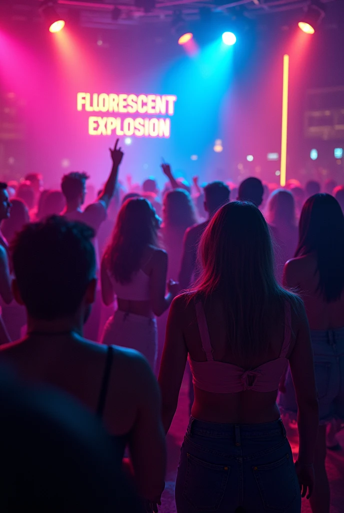 A promotional image for a party, whose name is FLUORESCENT EXPLOSION and the theme: Neon, people in the dark, with women and men