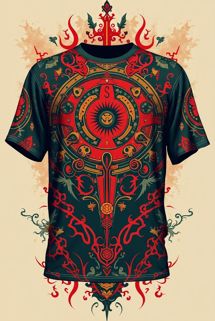 Draw me a t shirt with the shapes of Turkish shamanism that dominates the old Turkish writings