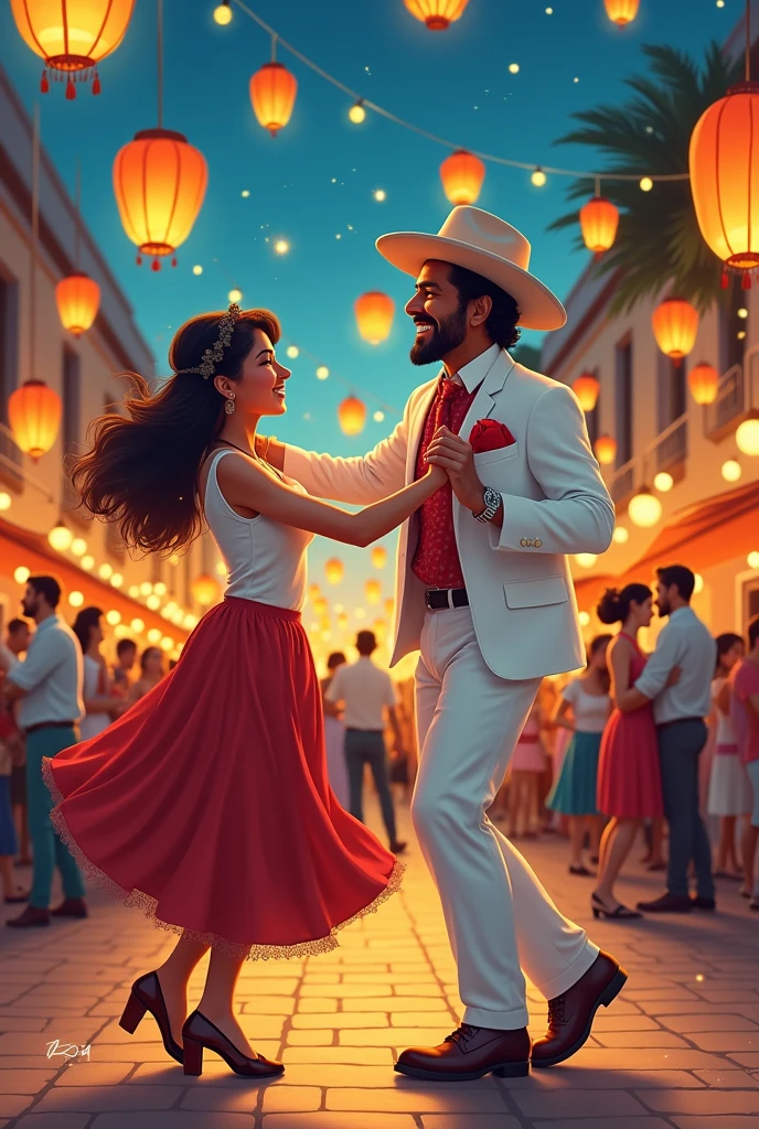 • Scenario: The events square in Bragança during the Arraiá dos Caetés, with lanterns and music in the background.
• Illustration: indigenous man in white suit and hat dancing with a young woman, signaling with hands while smiling.