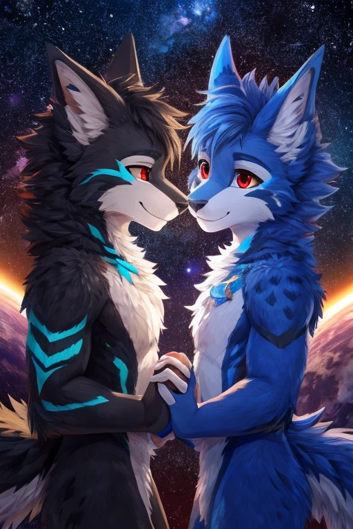 Black wolf furry with red eyes holding hands with a blue sergel furry in space, wideshot, hd, cute,