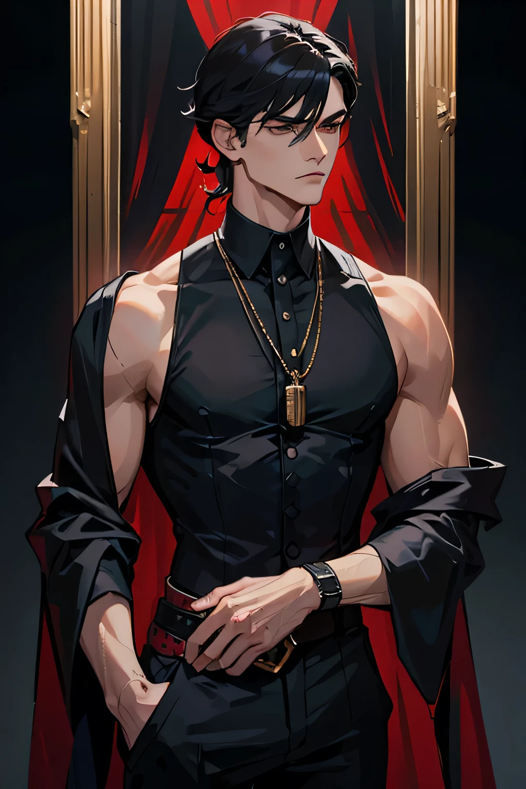 Powerful, Enigmatic, Sophisticated, Dangerous, Sleek, Jet-black, Short mullet, Curtain bangs, Refined, Rebellious, Coal-black eyes, Almond-shaped, Deep-set, Intense, Intelligent, Mysterious, Chiseled jawline, High cheekbones, Noble, Fair complexion, Alluring, Intimidating, Lean, Muscular, Confident, Poised, Charm, Power, Authority, Tailored, Classic elegance, Modern edginess, Deep red shirt, Intricately detailed vest, Passion, Intensity, Mystery, Captivating, Enigmatic, Male, Young adult