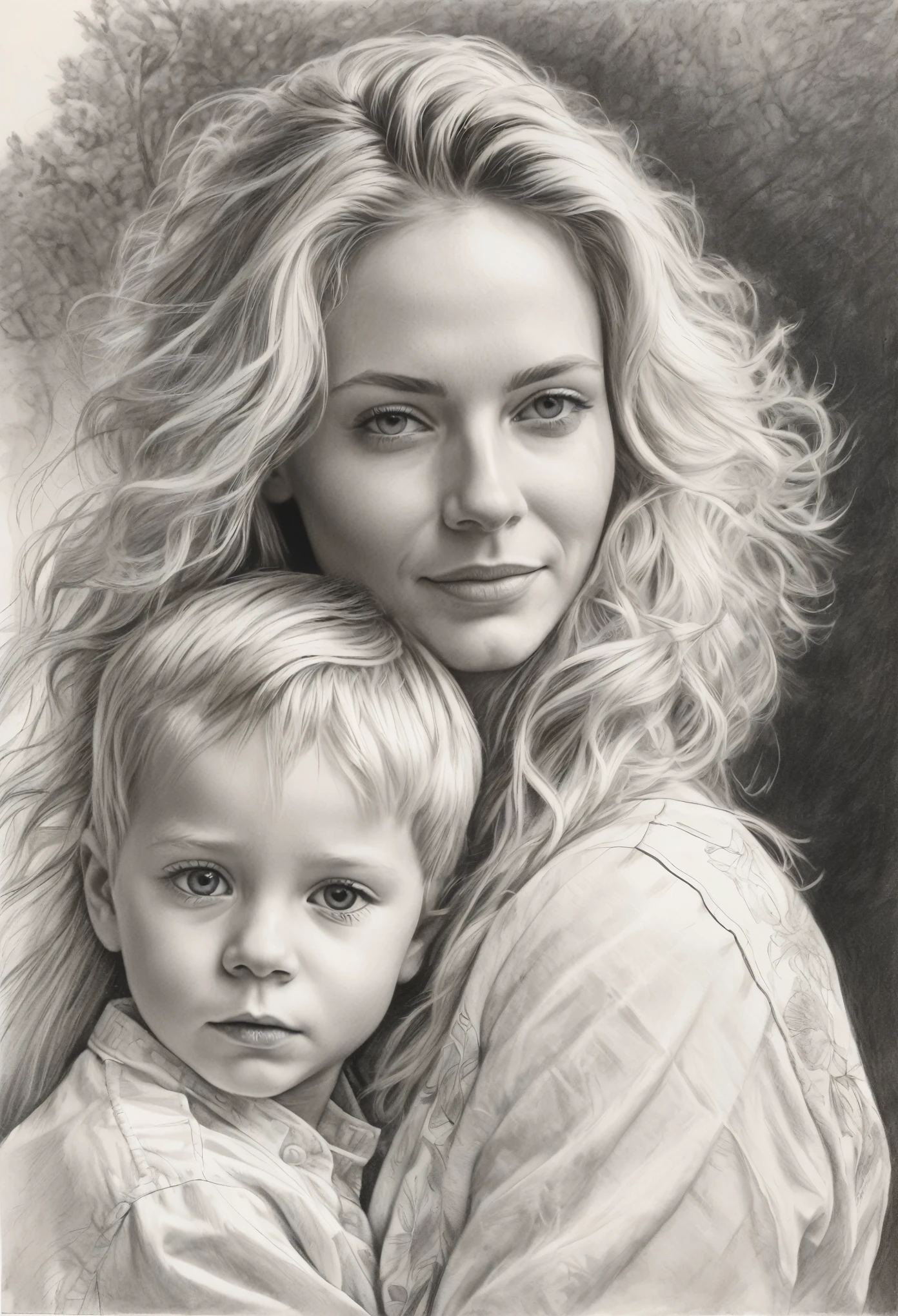 sketching，character sketch，rough sketch, Black and white pencil painting,Sharpen, intaglio, Best quality, Ultra-detailed, Super detailed skin, Natural hair, (1 Swedish woman), (Solo), blond hair, with her son