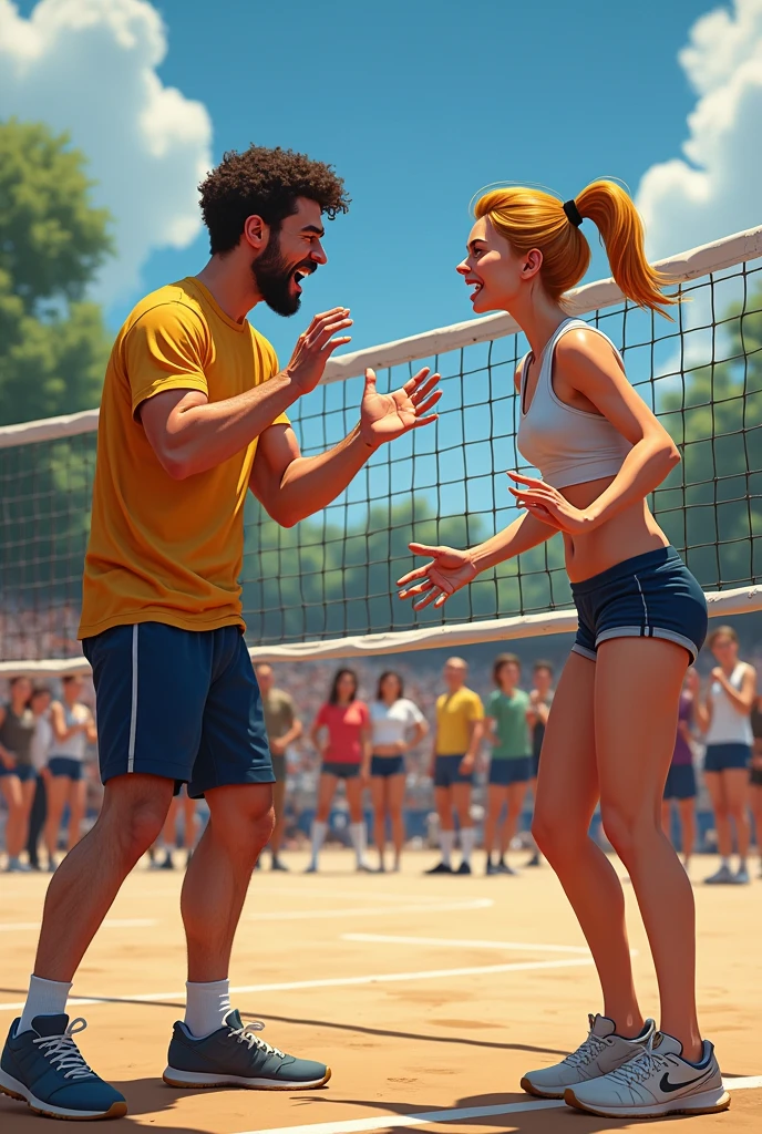 Dispute between a man and a woman on a volleyball net, with a crowd in the background