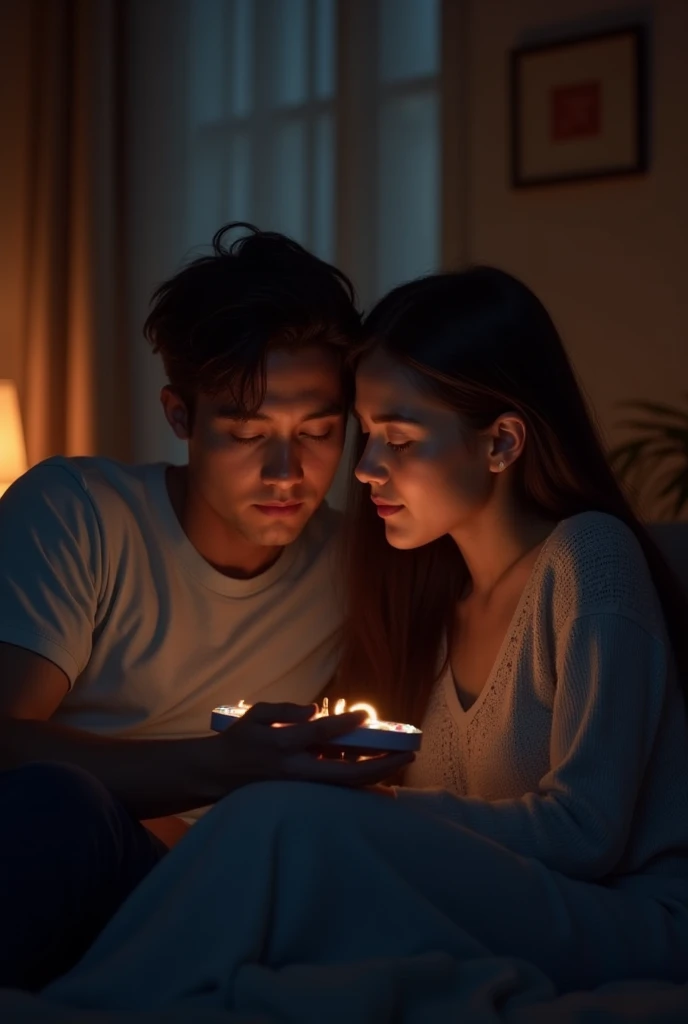 Crea una imagen de una pareja escuchando música 🎧 en un ambiente de poca iluminación