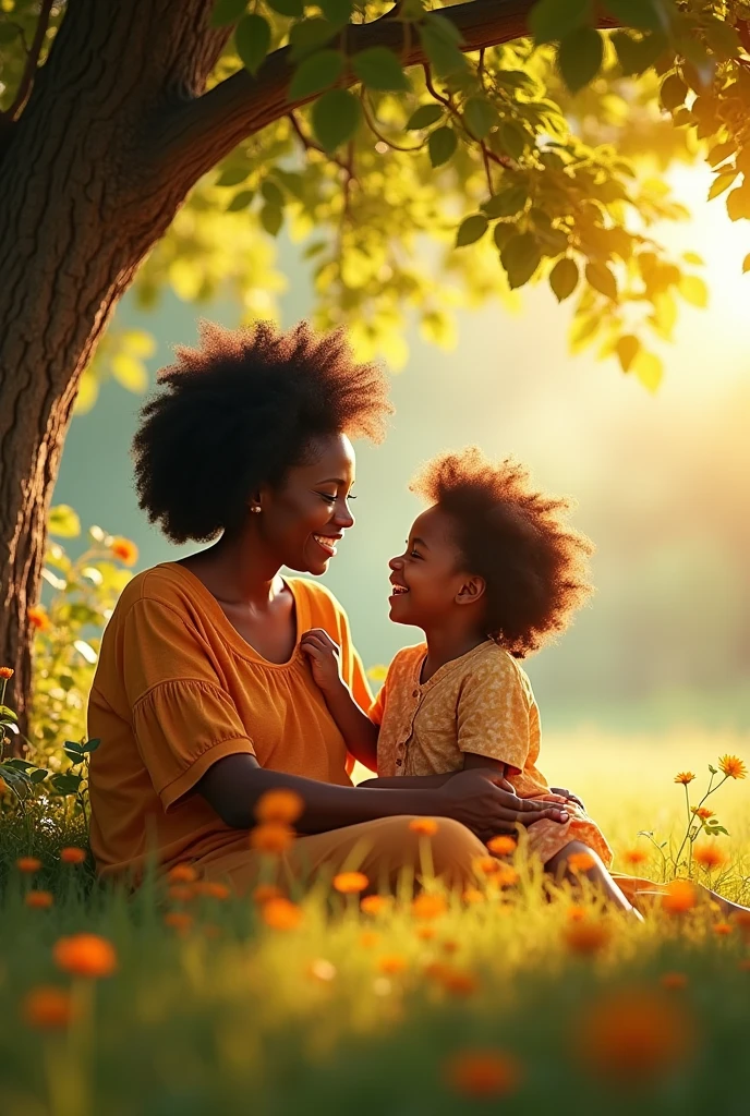 Create a photo of an elderly lady with black power hair smiling elderly black woman playing with her smiling black granddaughter Under a tree that emanates colorful energies on a sunny day