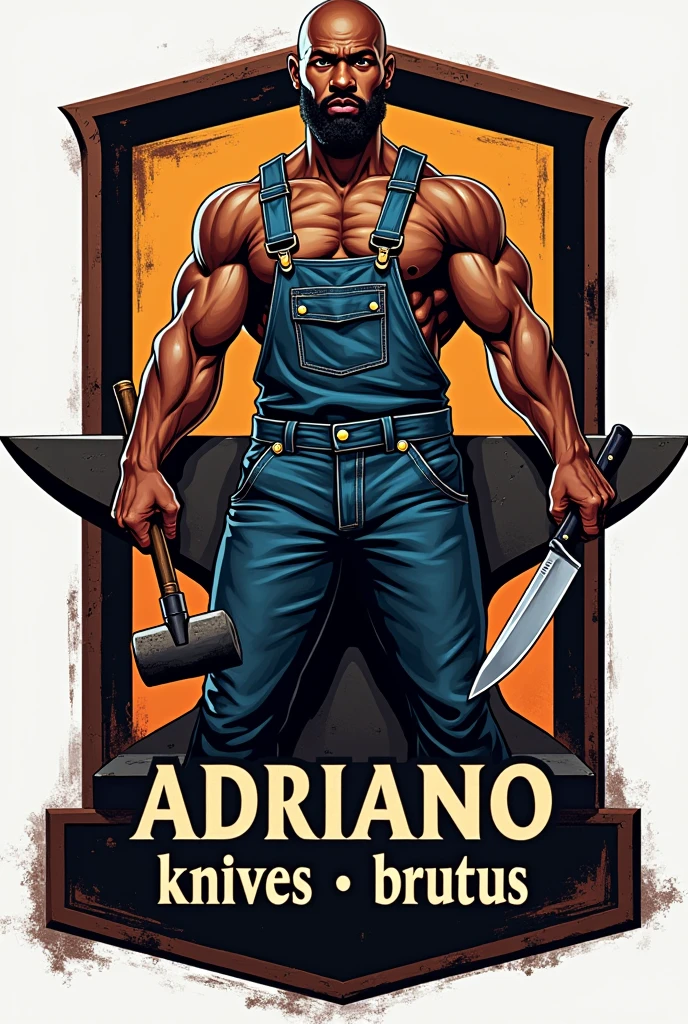 Make a large logo in the shape of an anvil written Adriano Knives Brutus with a bald, beardless, strong black man wearing denim overalls holding a knife in one hand and a hammer in the other.