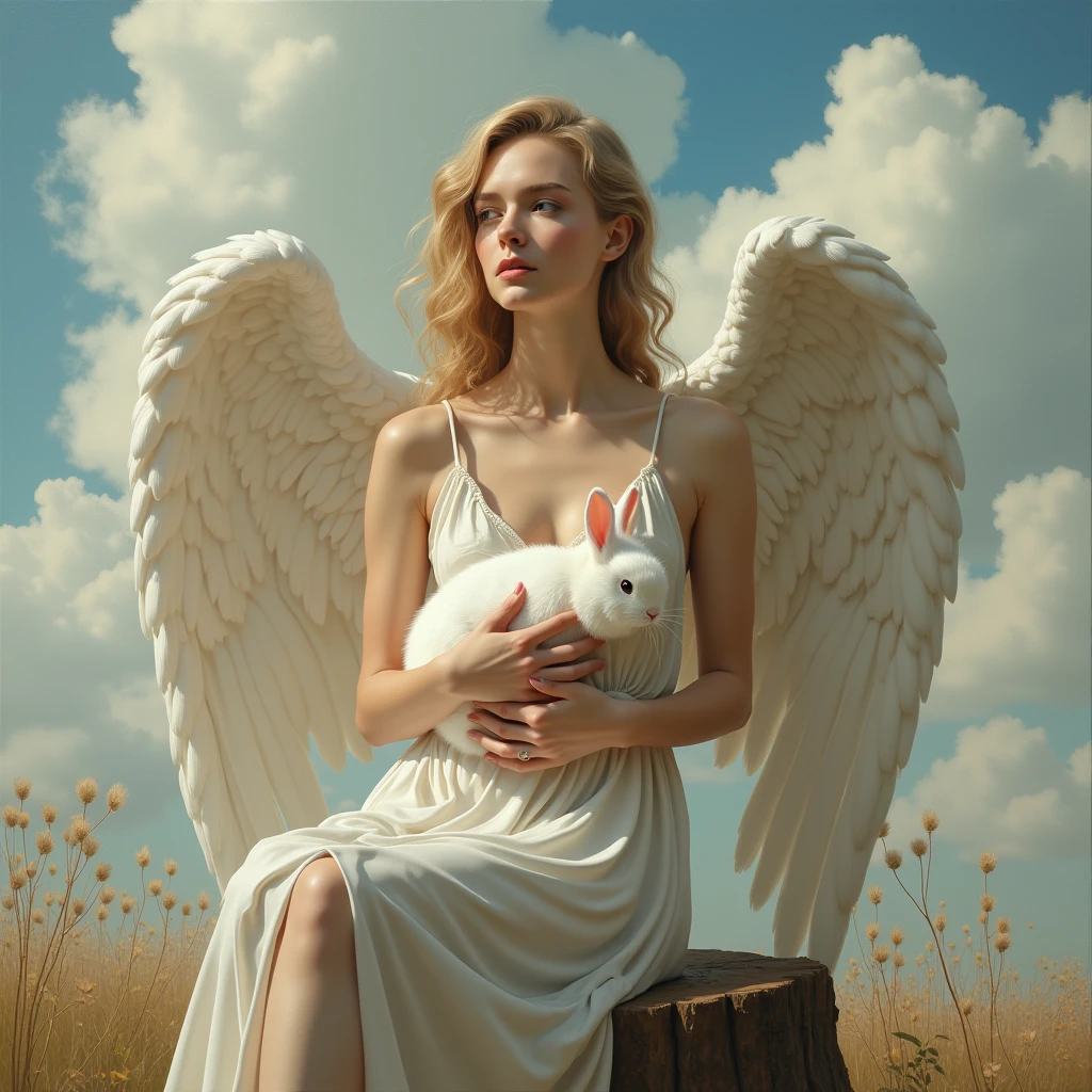Cute angelic woman, mature, Adult, Harboring a white rabbit、beauty (Emma_stone), expensive, alone, Sitting on a stump, White fluffy clouds floating in the sky (Caravaggio's work), Renaissance (Light and Dark Contrast Oil Painting Palette Canvas/acrylic), Complex, Extremely detailed, Composite Keys, ((Single Shot)), ((Highest quality)), ((masterpiece)), ((Realistic)), 8k, Baroque art painting, White Wings, sunlight