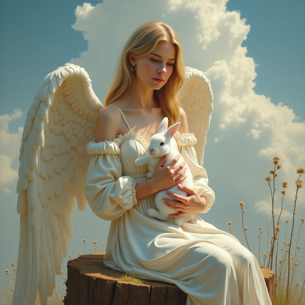 Cute angelic woman, mature, Adult, Harboring a white rabbit、beauty (Emma_stone), expensive, alone, Sitting on a stump, White fluffy clouds floating in the sky (Caravaggio's work), Renaissance (Light and Dark Contrast Oil Painting Palette Canvas/acrylic), Complex, Extremely detailed, Composite Keys, ((Single Shot)), ((Highest quality)), ((masterpiece)), ((Realistic)), 8k, Baroque art painting, White Wings, sunlight