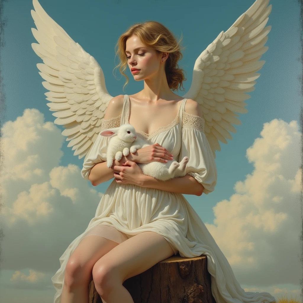 Cute angelic woman, mature, Adult, Harboring a white rabbit、beauty (Emma_stone), expensive, alone, Sitting on a stump, White fluffy clouds floating in the sky  (Caravaggio&#39;s work), Renaissance (Light and Dark Contrast Oil Painting Palette Canvas/acrylic), Complex, Extremely detailed, Composite Keys, ((Single Shot)), ((Highest quality)), ((masterpiece)), ((Realistic)), 8k, Baroque art painting, White Wings, sunlight