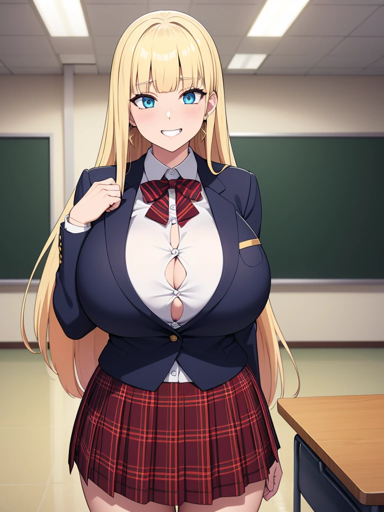 (best quality,4k,8k,highres,masterpiece:1.2), ultra-detailed, UHD, studio lighting, ultra-fine painting,sharp focus, physically-based rendering, extreme detail description, professional, vivid colors, bokeh, sexy woman, huge breasts, large breasts, curvy, voluptuous, blonde hair (straight bangs), sky-blue eyes, long hair, high school uniform, plaid skirt, earrings, grinning, dynamic pose, solo focus, classroom, indoors
