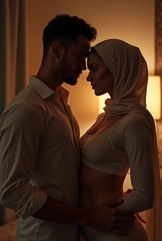 Man kissing the belly button of a Slim Muslim woman with hourglass shaped body wearing a crop top.