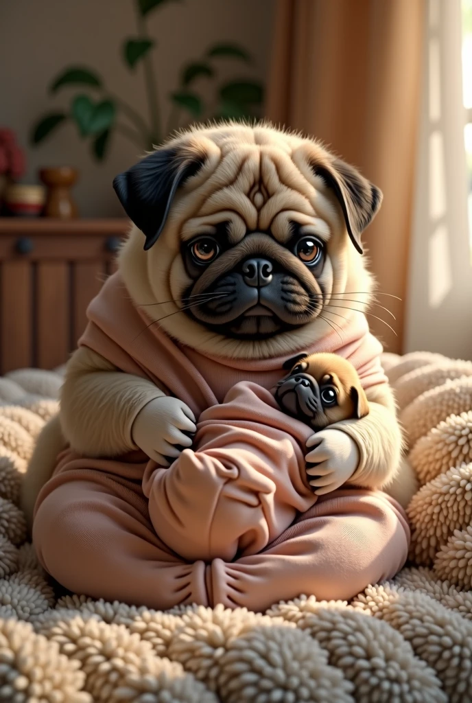 Create a video of a pug wearing maternity clothes holding her little puppy wearing baby clothes, looking forward like humans do, realistic, true to life, high resolution details, full picture like real