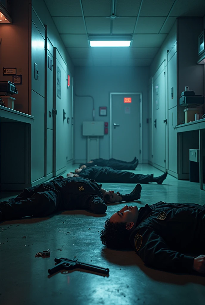laboratory with security guards around knocked out on the floor at night