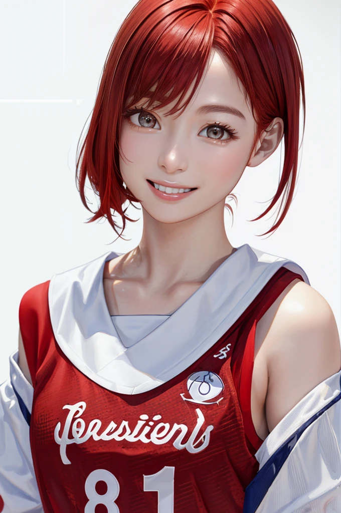 (((Highest quality、8k、32K、masterpiece)))、(Realistic)、(Photorealistic:1.2)、(High resolution)、Very detailed、Very beautiful face and eyes、1 person、Round and small face、Narrow waist、Delicate body、(close、Highest quality、Attention to detail、Rich skin detail)、(Highest quality、8k、Oil paints:1.2)、Very detailed、(Realistic、Realistic:1.37)、Bright colors、(((Red hair)))、(((Cowboy Shot)))、(((Medium Hair)))、(((Pure white wall background)))、(((Wearing a basketball uniform)))、(((White and red basketball outfit)))、(((smile)))、(((One female)))、(((Off-shoulder uniforms)))