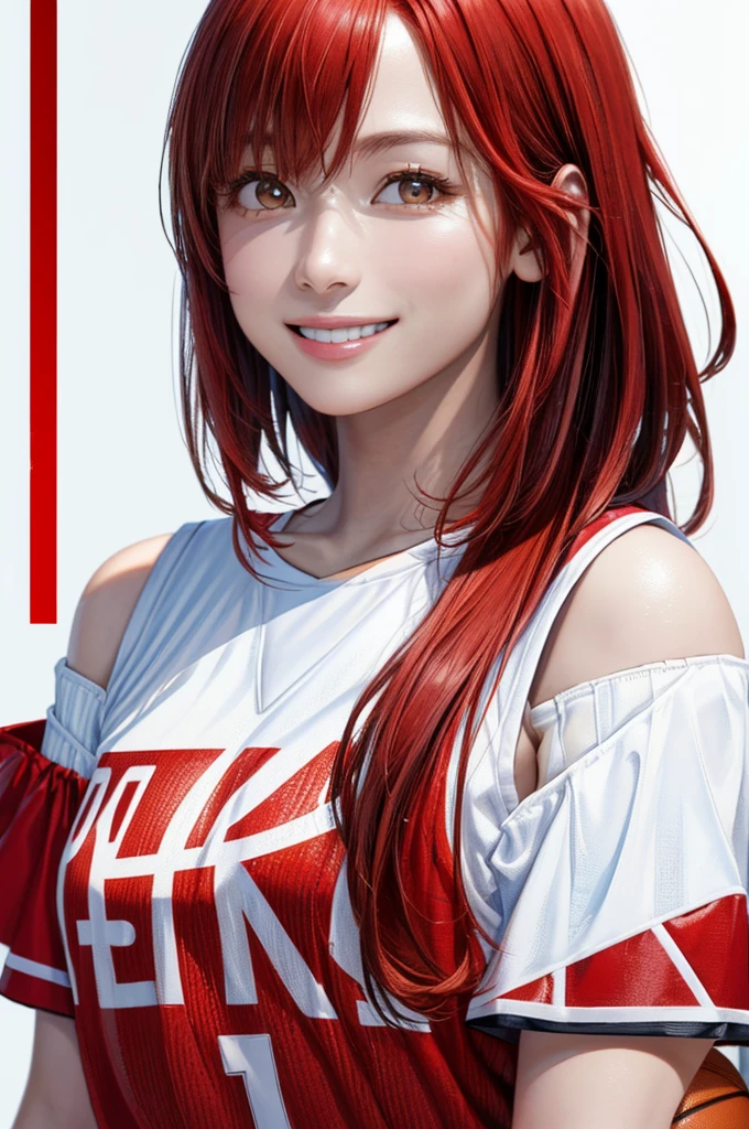 (((Highest quality、8k、32K、masterpiece)))、(Realistic)、(Photorealistic:1.2)、(High resolution)、Very detailed、Very beautiful face and eyes、1 person、Round and small face、Narrow waist、Delicate body、(close、Highest quality、Attention to detail、Rich skin detail)、(Highest quality、8k、Oil paints:1.2)、Very detailed、(Realistic、Realistic:1.37)、Bright colors、(((Red hair)))、(((Cowboy Shot)))、(((Medium Hair)))、(((Pure white wall background)))、(((Wearing a basketball uniform)))、(((White and red basketball outfit)))、(((smile)))、(((One female)))、(((Off-shoulder uniforms)))
