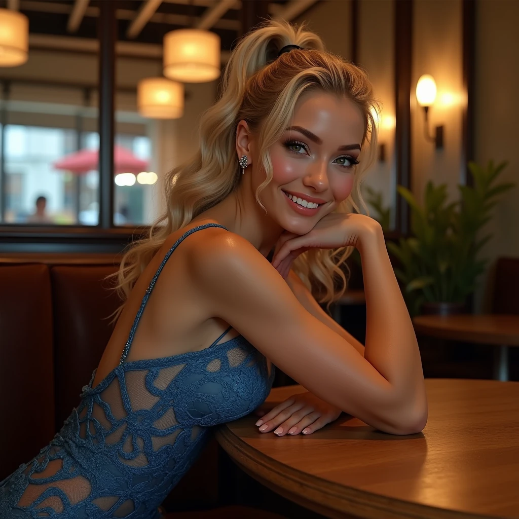 Elegant blonde bombshell smilling, ponytail hair, in a blue lace dress, seated at a chic café, laying on the table, soft evening lighting, sexy pose.