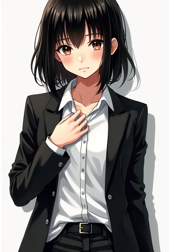 A girl with medium short black hair with bangs, dark brown eyes, wearing a black jacket and a white shirt with black jeans in manga style