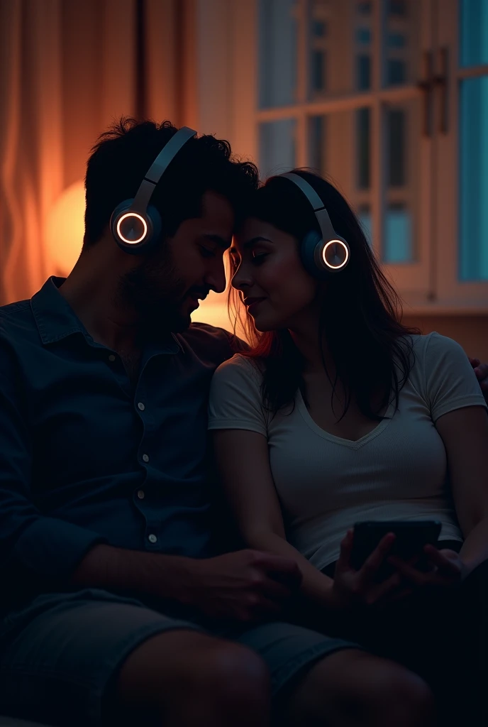 Crea una imagen de una pareja escuchando música 🎧 en un ambiente de poca iluminación y que no se vean tanto las caras