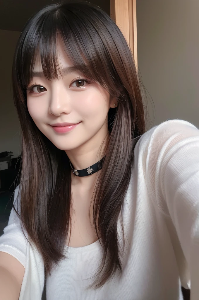 (Highest quality、4K、8k、High resolution、masterpiece:1.2)、Very detailed、(Genuine、Realistic、Realistic:1.3)、Japanese women、(Hair Color:Random)、(Hairstyle:Random)、seductive smile、black choker、Selfie