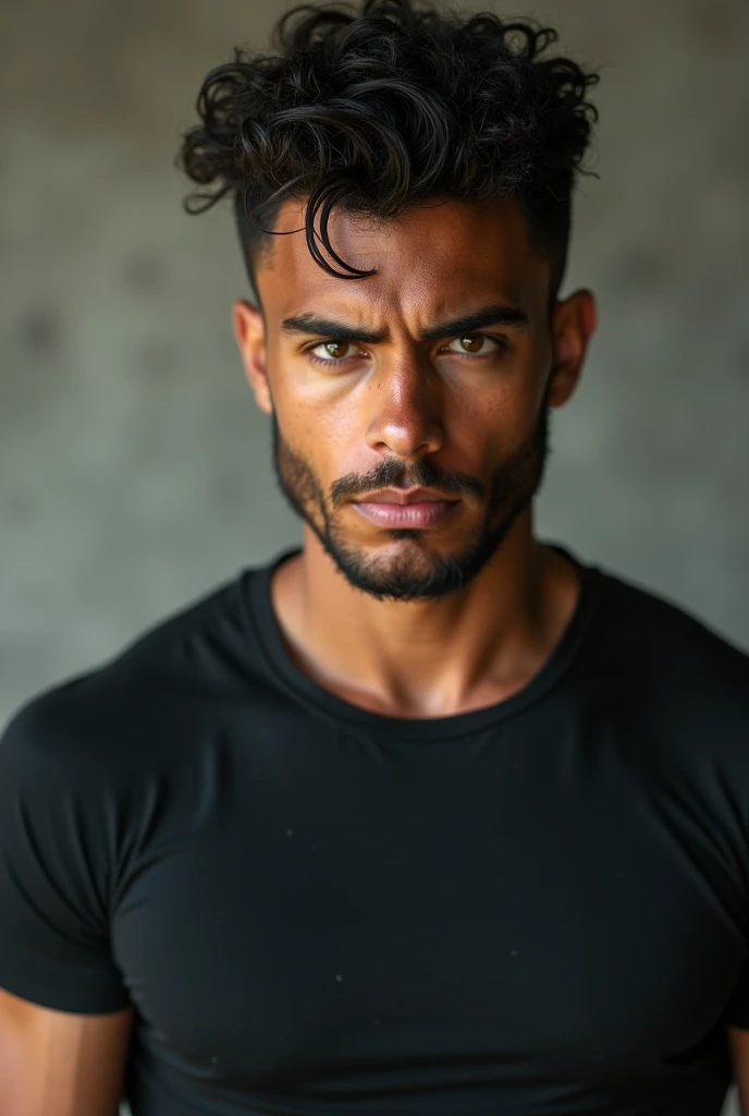 Create a serious and attractive intimidating young man. Have tanned skin. Marked cheekbones and marked jaw. Have a compression shirt and curly hair