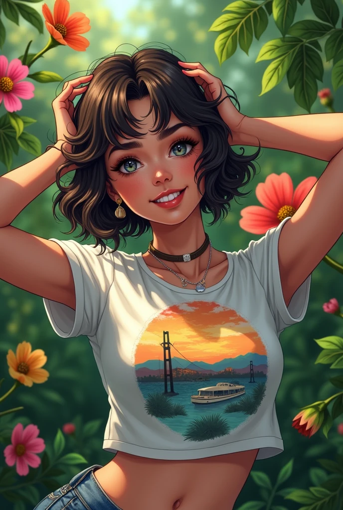 A nerdy Brazilian femboy trans woman with short, curly hair in a lush tropical garden, wearing a anime shirt with a close-up capturing the harmonious beauty between her breasts and the natural flowers, showing off her natural charm with her hands in her hair.