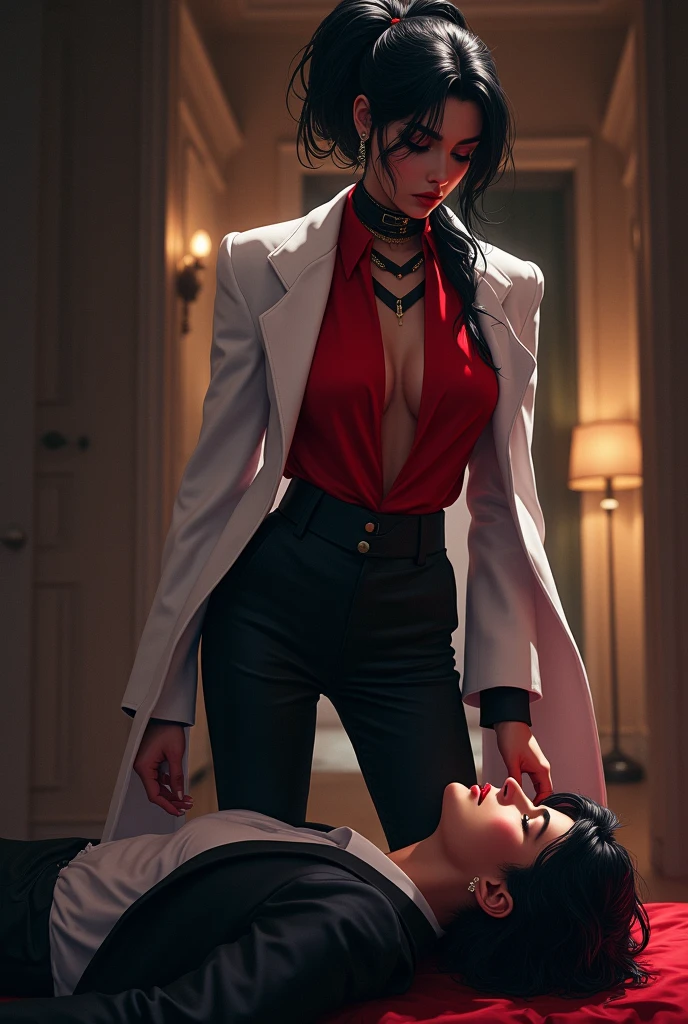 Beautiful Mistress,black bun hairs, wearing white short manteau,wearing red blouse, wearing black pants, wearing black scarf around hairs,wearing black socks, wearing black shining high heel , trampling man's face, man's face trampled by mistress foot , mistress puts her foot on man's face,man under mistress foot, man's face trampled by mistress foot, man lying down under mistress , man wearing suit, surrendering against mistress, mistress victory posing on man, foot on face, femdom, date , night