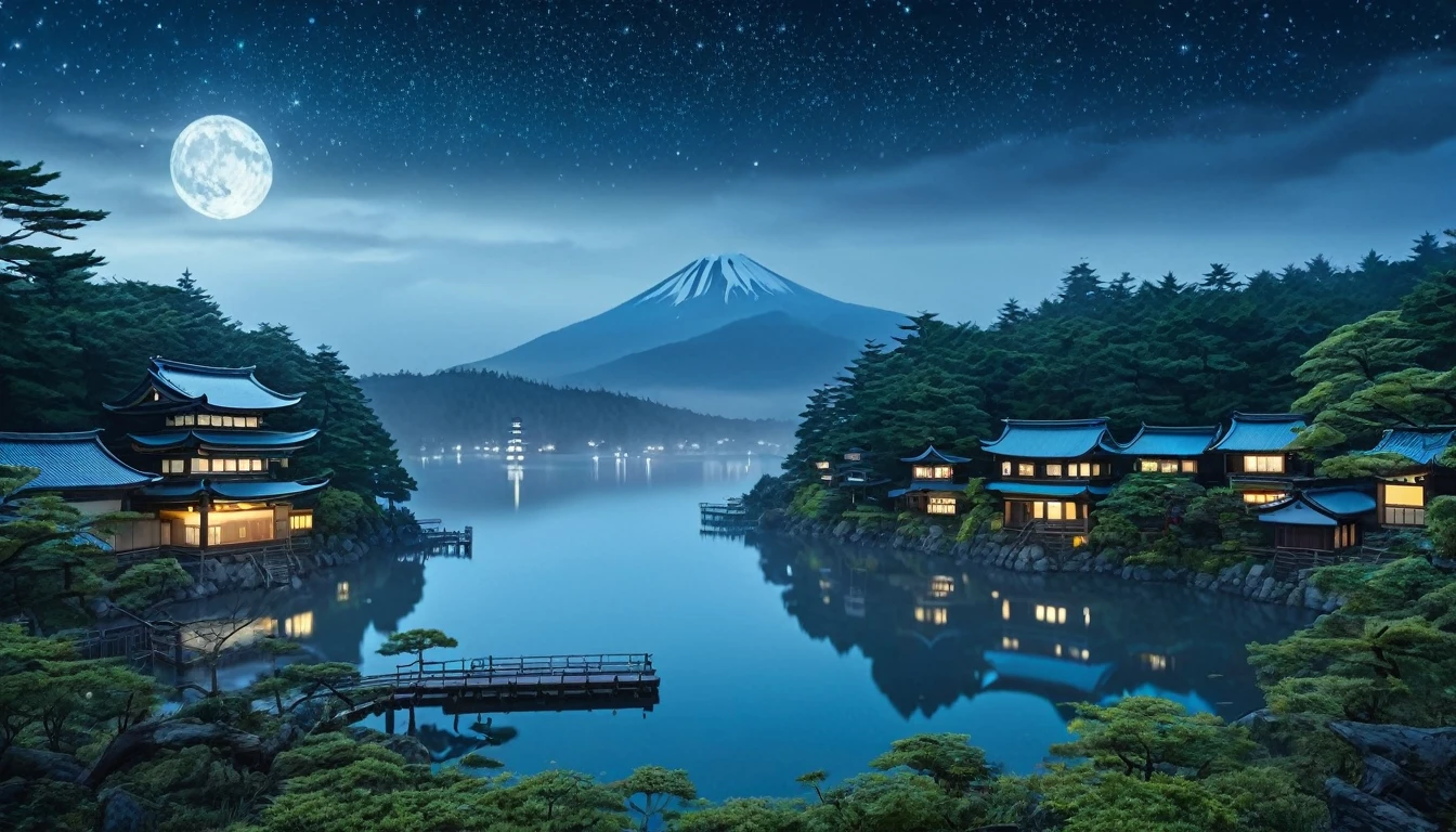 An acient japan town on the shores of the lake, a forest and, a starry night, gloomy and foggy blueish atmosphere, Surrealism , primitivism, protogeno, , ((Best Quality, masterpiece)), ((more detail)), impression:1,1, 8k
