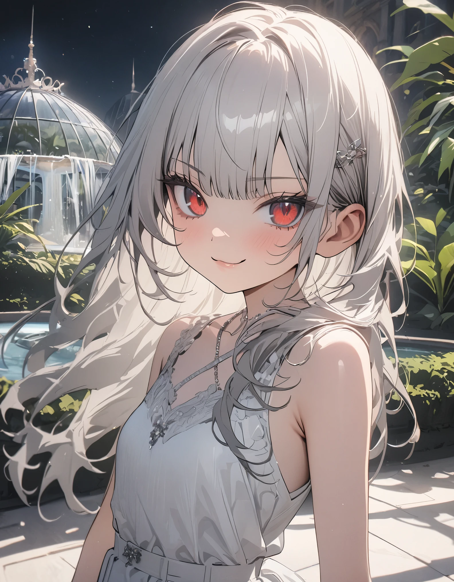 ((Masterpiece)), ((best quality)), (super detail:1.2), (High Definition:1.3), ((extremely detailed)), (8K), (Professional Photography:1.2), (very aesthetic:1.2), (absurdres:1.2), (sharp focus), (perfect light), (drop shadow), (1girl), cute young girl, (smug face:1.3), (Beautiful crimson eyes:1.5), ((The noble vampire girl)), (small breast), slender waist, (loose blunt bangs), Shiny unruly hair, long hair, ((beautiful pale silver hair)), exposed neck, BREAK, 🌈, ((night)), place hand on hip, (palace giant greenhouse), gardens, fountains, tropical plants, (cute cheeks), glossy lips, pouty lips, bags under the eyes, (lower eyelashes), tilt head to the side, (detailed background:1.2), newest, clear line,