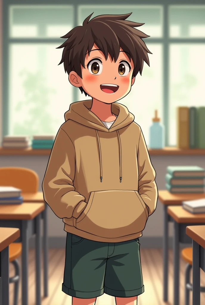 Boy:
He has short, dark brown hair, slightly messy.
He is wearing a beige or light brown hoodie.
He is wearing dark green shorts.
He is smiling and talking.
The scene should be set in a classroom.
is alone
formato comic no estara con nadie