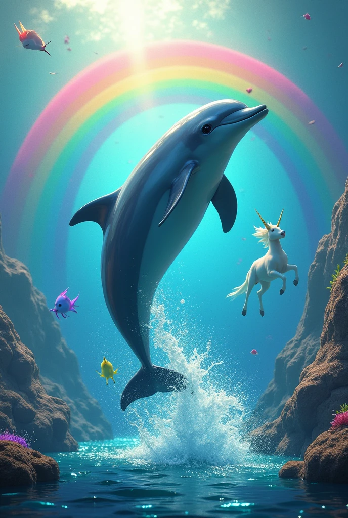 Make a dolphin jumping out of the water with rainbows and unicorns happy they were created also fish under the water