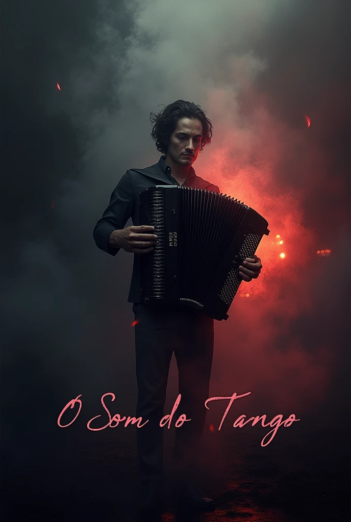 Create a mystical and emotional song cover for "O Som Do Tango." The image features a lone bandoneón (accordion-like instrument) at the center, surrounded by swirling mists and abstract shapes representing sound waves. The background is dark and moody, with hints of city lights in the distance, evoking a sense of longing and nostalgia. The colors are rich and deep, with blacks, reds, and purples dominating. The title "O Som Do Tango" is written in an elegant, flowing script, with a subtle glow around it.