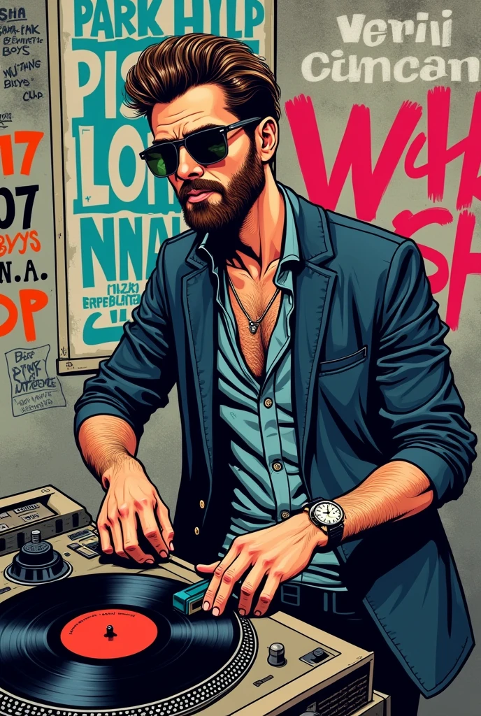 Create me a picture of a gentleman mr wearing sunglasses, a luxury watch on the wrist, who has a well-groomed beard, who has beautiful hair combed back, und eine schalplatte spielt in form eines comics aus den 80er jahren der hintergrund sollte eine graue Hauswand sein mit verschiedenen Graffitis mit der aufschrift MrVinyLP, aCaB, Park Hill, 187, beastie Boys, n.W.a, in different colors the street name on the house wall is said to be Wu-Tang Clan District.