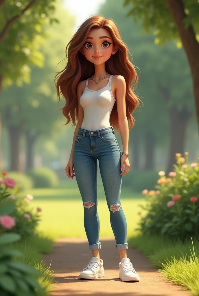 white woman brown hair, adult jins and white sneakers full body pixar style in a park



