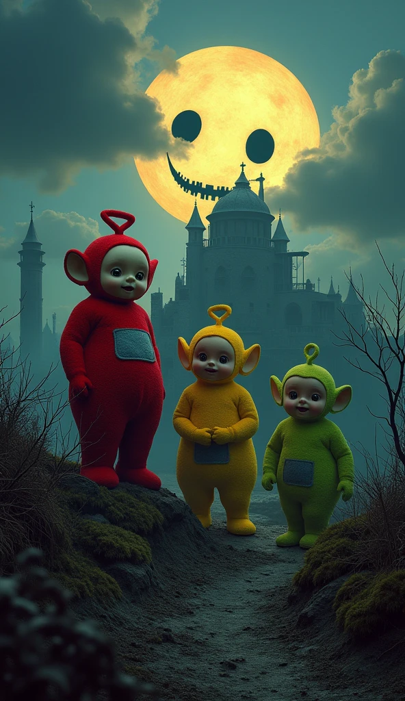 A sinister landscape depicting the Teletubbies' world turned into a nightmare. The iconic dome house lies in ruins, surrounded by dead, twisted vegetation. The sky is dark, with a massive sun on the horizon, resembling the original smiling sun but with cold, lifeless eyes and a menacing grin. The Teletubbies stand on the hill, looking lost and haunted, with their colorful but corrupted appearances.