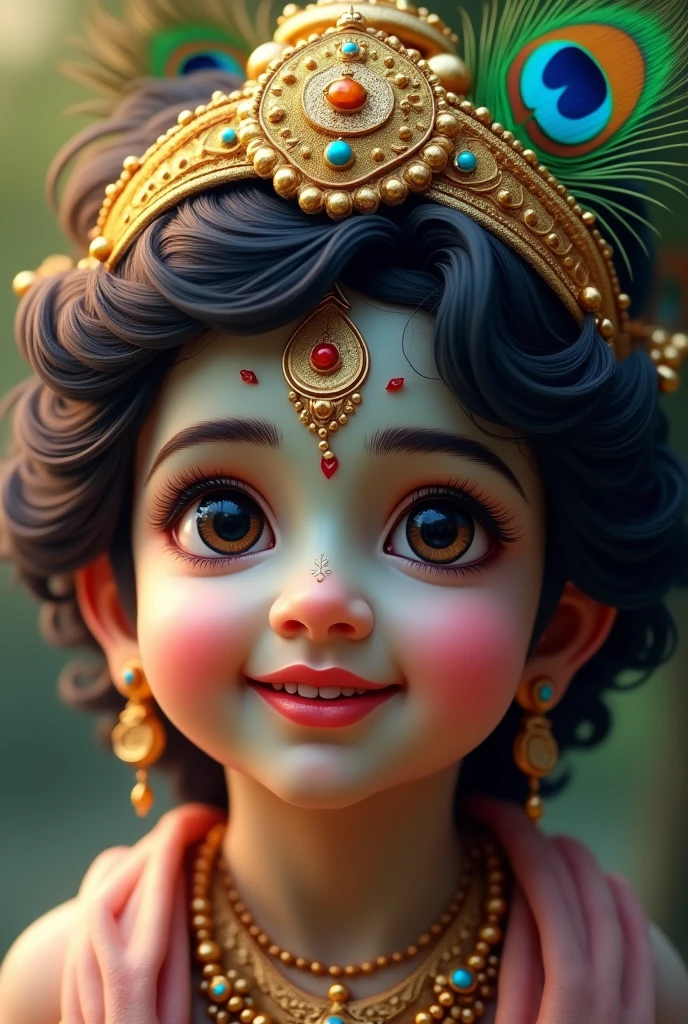 God krishna with A Lustrous Complexion, Charming Face, Large, Expressive Eyes, Small, Rounded Features, Peacock Feather, world best cute face, with smiling 
