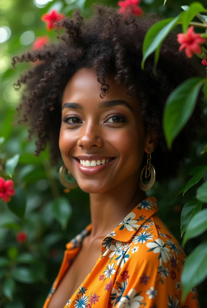 A Brazilian woman in a lush tropical garden, wearing an open shirt with a floral print, with a close-up capturing the harmonious beauty between her breasts and the natural flowers, showing off your natural charm and outgoing personality.