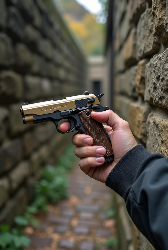 Image taken with one hand from the rear camera, and the other hand holding a clockwork airsoft pistol,  near a stone wall, close to the ground , with the hand of natural skin color, and ultra realistic