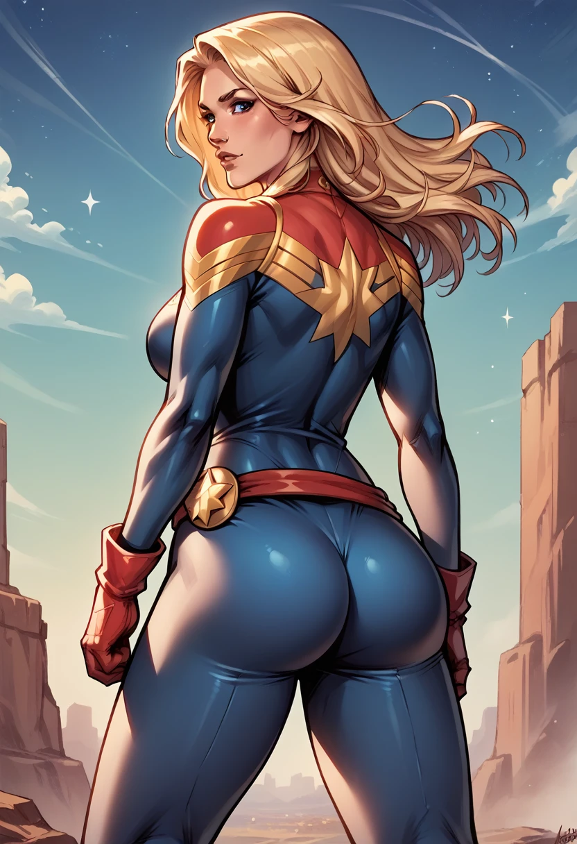 score_9, score_8_up, score_7_up, BREAK, score_9, carol_danvers, blonde hair, short hair, blue eyes, bodysuit, star logo, red gloves, red belt, long hair, looking at viewer, cowboy shot, ass, from behind, sky