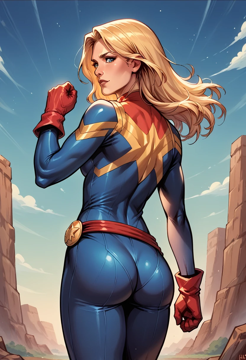 score_9, score_8_up, score_7_up, BREAK, score_9, carol_danvers, blonde hair, medium hair, blue eyes, bodysuit, star logo, red gloves, red belt, long hair, looking at viewer, cowboy shot, ass, from behind, sky