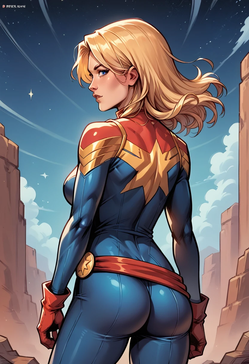 score_9, score_8_up, score_7_up, BREAK, score_9, carol_danvers, blonde hair, medium hair, blue eyes, bodysuit, star logo, red gloves, red belt, long hair, looking at viewer, cowboy shot, ass, from behind, sky