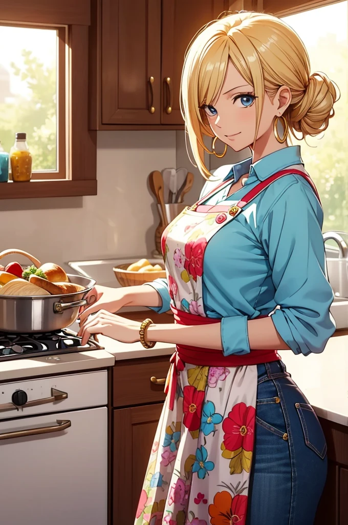 Visualize a gender-swapped Sanji from *One Piece* reimagined as a warm and vibrant Latina mom. She has her signature blonde hair styled in a practical yet elegant manner, such as a long, loose wave or a neat, classic updo. Her bright blue eyes are warm and expressive, reflecting both her nurturing spirit and her energetic personality.
She is dressed in a stylish and functional outfit that blends cultural flair with everyday practicality:
- **Top:** A colorful, patterned blouse with floral or geometric designs that highlight her Latina heritage. The blouse is both comfortable and fashionable, featuring details like embroidered accents or decorative buttons.
- **Bottoms:** A pair of well-fitted, high-waisted jeans or a skirt that complements her top, ensuring ease of movement while maintaining a chic appearance. The jeans or skirt might have subtle detailing like intricate stitching or a stylish belt.
- **Footwear:** Comfortable yet stylish sandals or flats that are perfect for everyday wear, possibly adorned with small decorative elements like beads or embroidery.
**Accessories:**
- **Jewelry:** Simple yet elegant jewelry, such as gold or silver hoop earrings and a matching bracelet, adding a touch of sophistication to her look.
- **Apron:** If she’s depicted in a kitchen or preparing a meal, she might be wearing a colorful apron with a fun pattern, enhancing her maternal and hospitable image.
Sanji’s pose is warm and engaging, perhaps captured in the middle of cooking or caring for her family, with a welcoming smile that reflects her nurturing nature. Her expression is loving and attentive, conveying both her pride in her heritage and her dedication to her family.
The background could be a cozy and vibrant home setting, such as a kitchen or living room filled with cultural elements like vibrant decor or family photos. The image should highlight her transformation into a Latina mom with detailed attention to her outfit, accessories, and the loving, warm atmosp