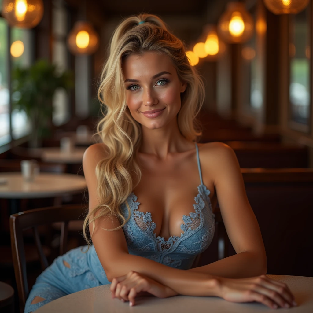Elegant blonde bombshell smilling, ponytail hair, in a blue lace dress, seated at a chic café, laying on the table, soft evening lighting, sexy pose.