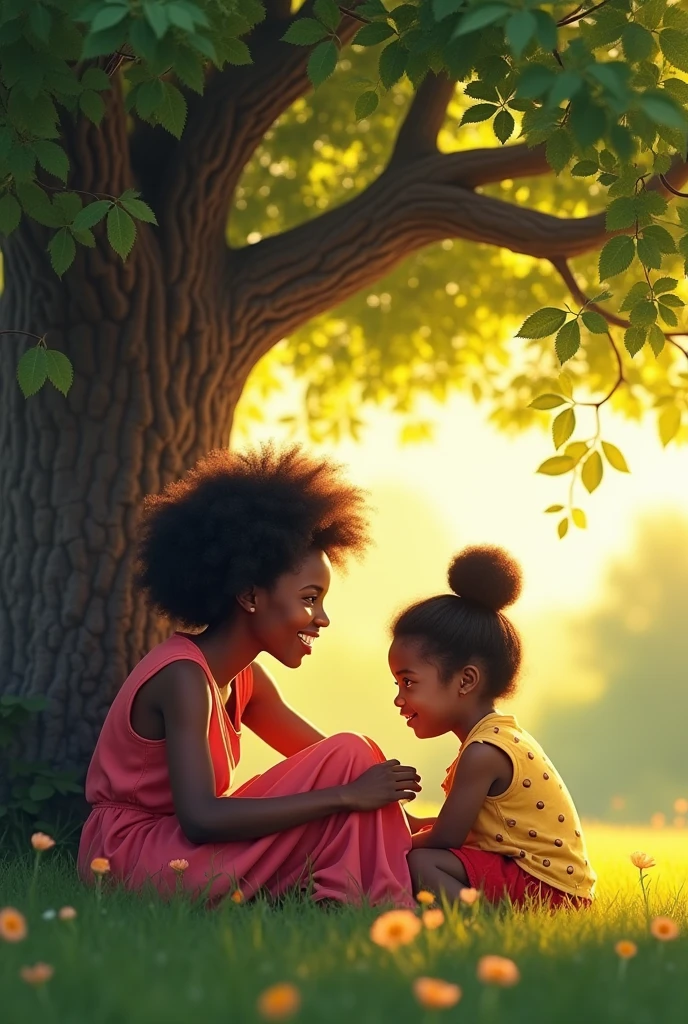 Create a photo of an elderly woman with black power hair smiling elderly black woman playing with her smiling black granddaughter Under a tree that emanates colorful energies on a sunny day