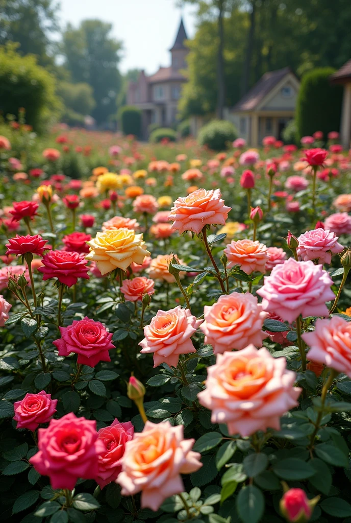 Une parcelle des roses en plusieurs couleurs différentes