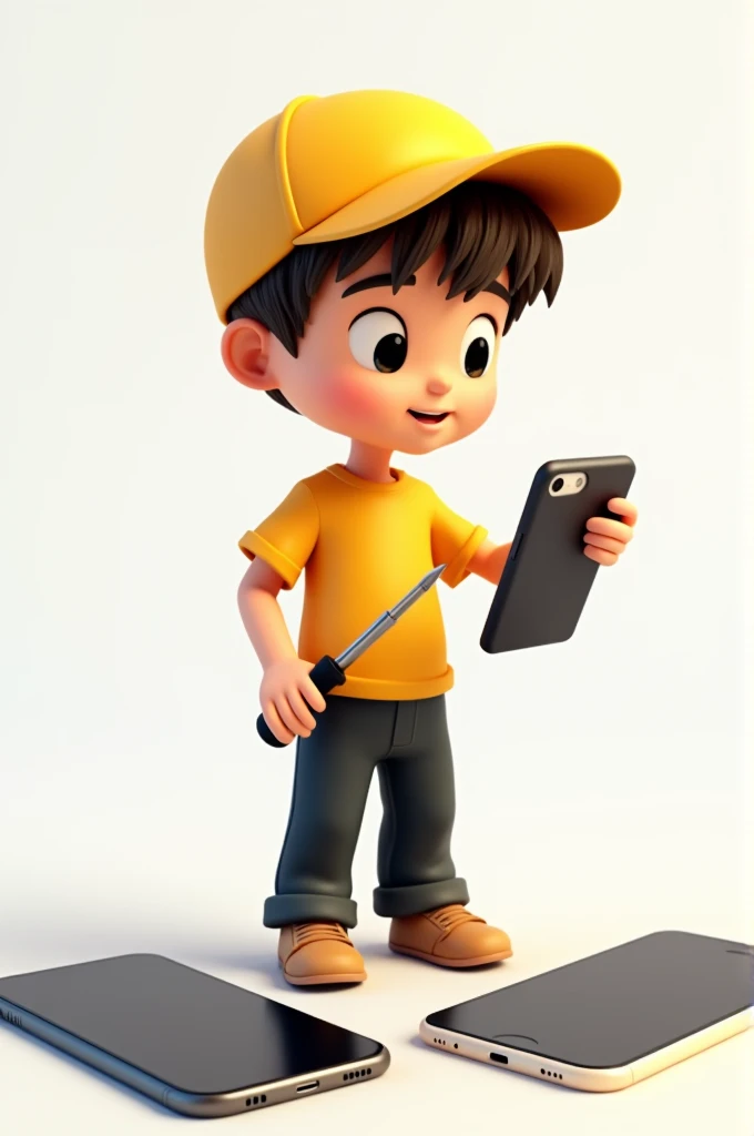 A boy 3d doodle wear yellow t-shirt black trouser yellow cap and standing between mobile phones on the table and holding black screwdriver and Open mobile phone for repair 
