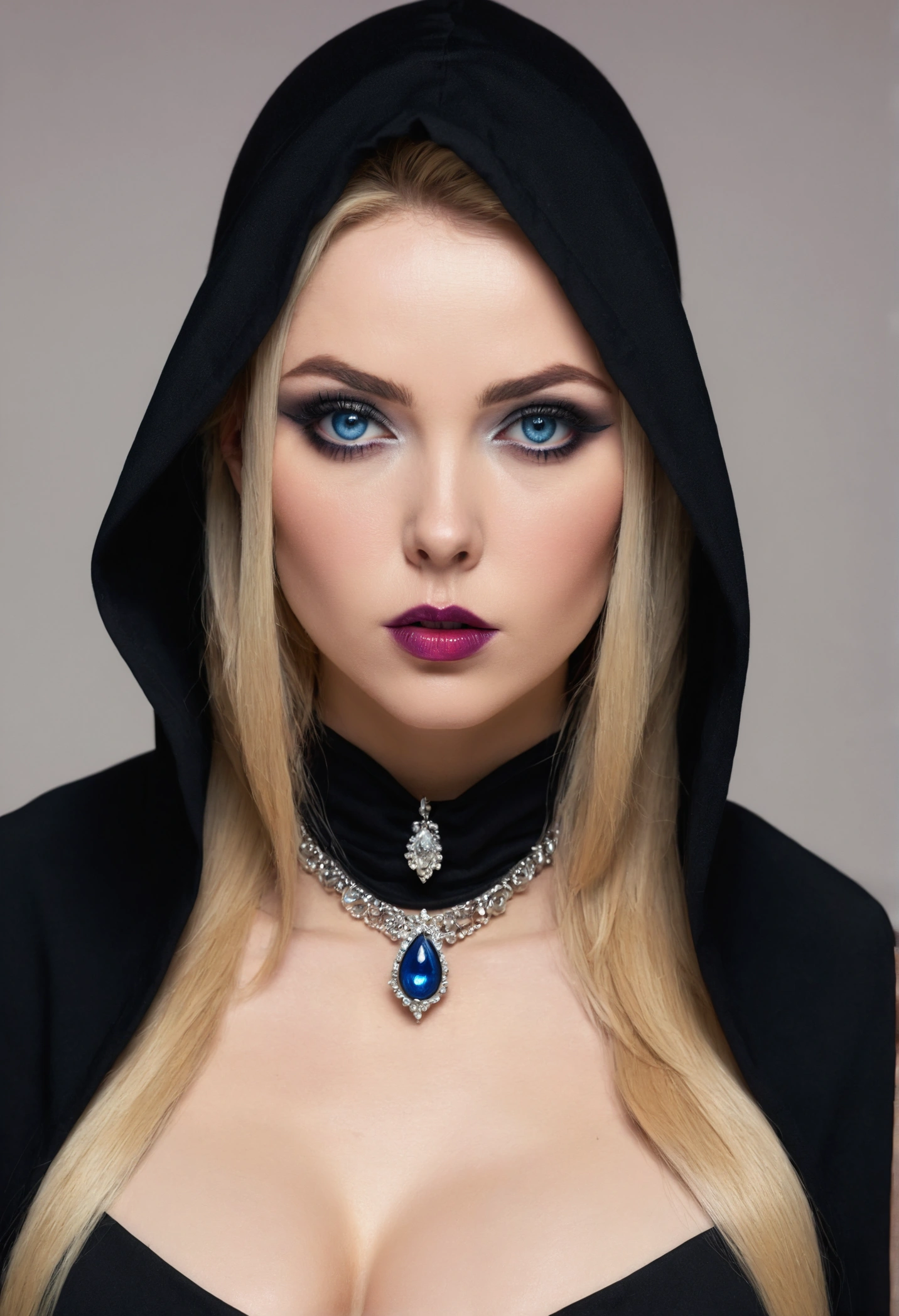 (best qualityer, ultra detali, photorrealistic: 1.39), black lipstick, looks serious, she is serious, she has a suspicious expression, a raised eyebrow, bright and vibrant colors, studio lighting, decisive expression, A woman young, with a delicate and beautiful face. Beautiful and adult woman, with her straight blonde hair, longye hair, gothic makeup, Your blue eyes, with her big, seductive breasts, neckleace, with a black dress, tight dress, short dress, serious leaning pose, skin fair, black nails, wearing a black hood over his head, eyebrow-height hood, vivid blue eye, intense stare, CHALLENGING GAZE
