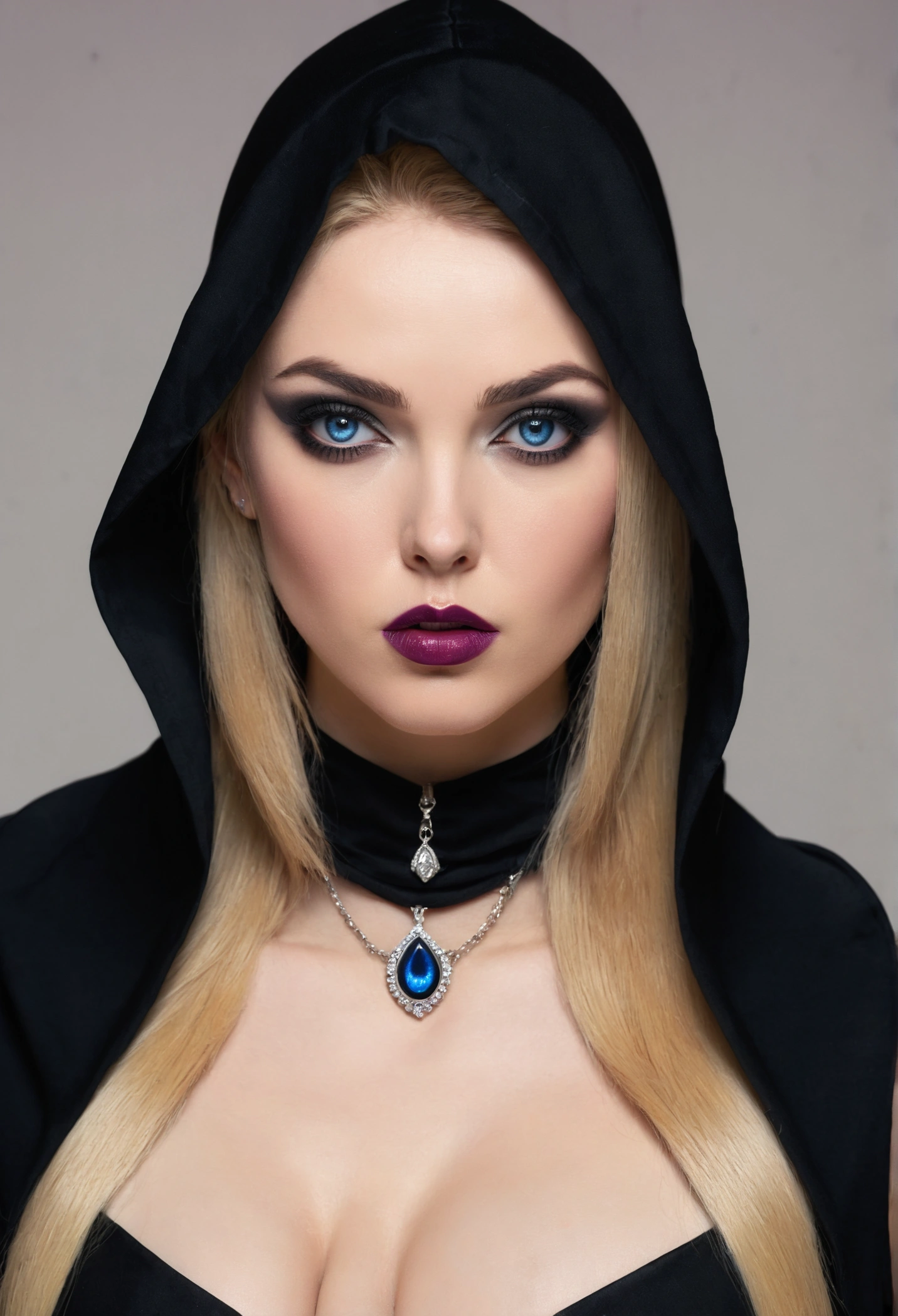 (best qualityer, ultra detali, photorrealistic: 1.39), black lipstick, looks serious, she is serious, she has a suspicious expression, a raised eyebrow, bright and vibrant colors, studio lighting, decisive expression, A woman young, with a delicate and beautiful face. Beautiful and adult woman, with her straight blonde hair, longye hair, gothic makeup, Your blue eyes, with her big, seductive breasts, neckleace, with a black dress, tight dress, short dress, serious leaning pose, skin fair, black nails, wearing a black hood over his head, eyebrow-height hood, vivid blue eye, intense stare, CHALLENGING GAZE