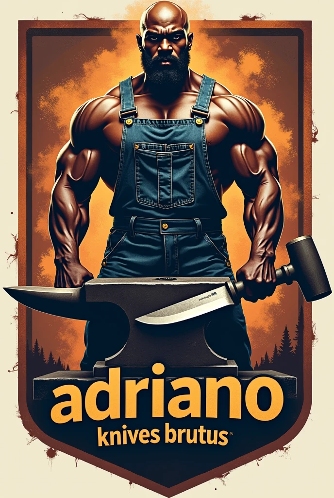 Make a large logo in the shape of an anvil written Adriano Knives Brutus with a bald, beardless, strong black man wearing denim overalls holding a knife in one hand and a hammer in the other. 