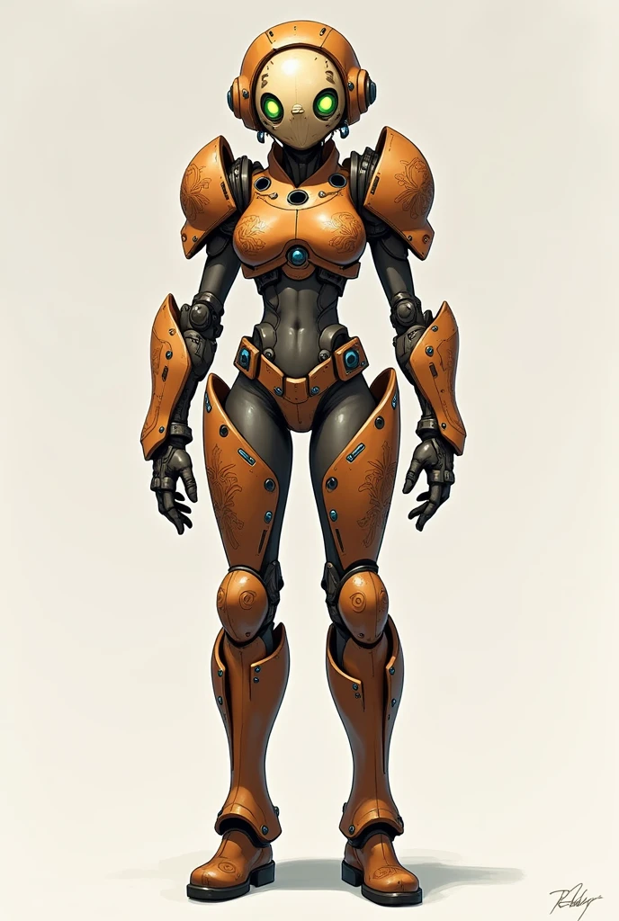 stylized style, Overwatch style female character concept, full body back and front view, robot detailed face with round eyes, wood theme, body covered with armor